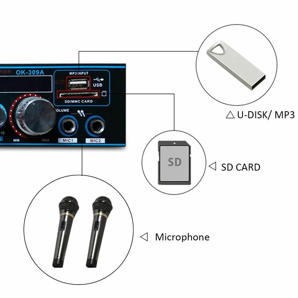 Black BT-309A-A dual-voltage amplifier with Bluetooth recording, iron chassis, front panel controls and wire clamp connections