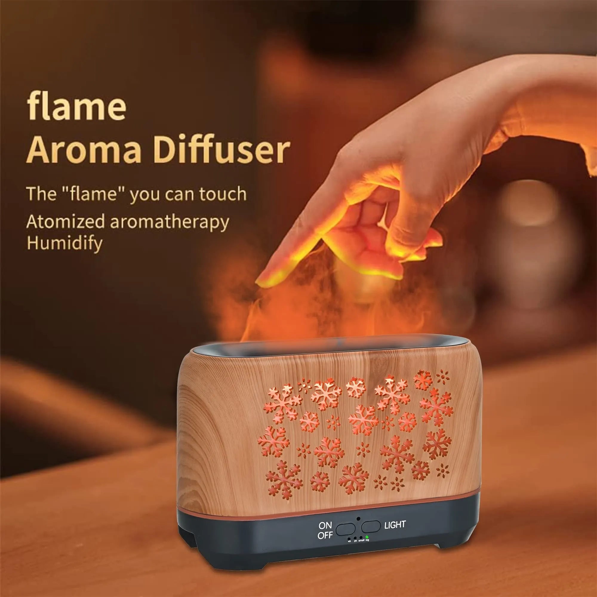 Snowflake pattern aromatherapy humidifier with colourful LED flame effects and remote control