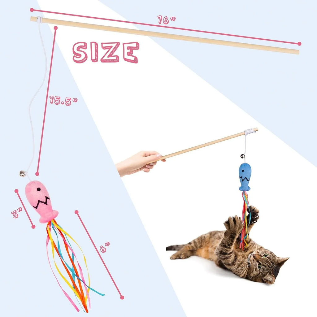 Cat wand toy with wooden handle, elastic rope, catnip fish, colourful ribbons and small bell