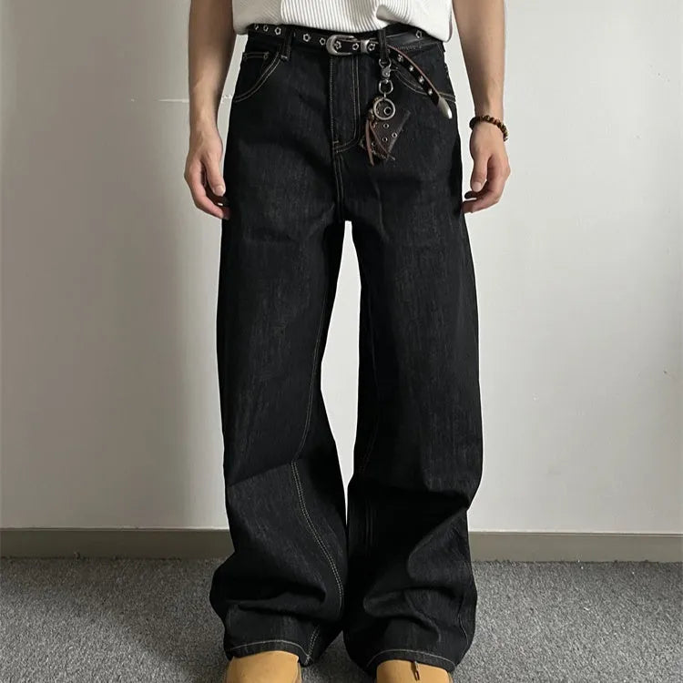 Retro black wide-leg jeans with straight-leg styling and zip fly opening