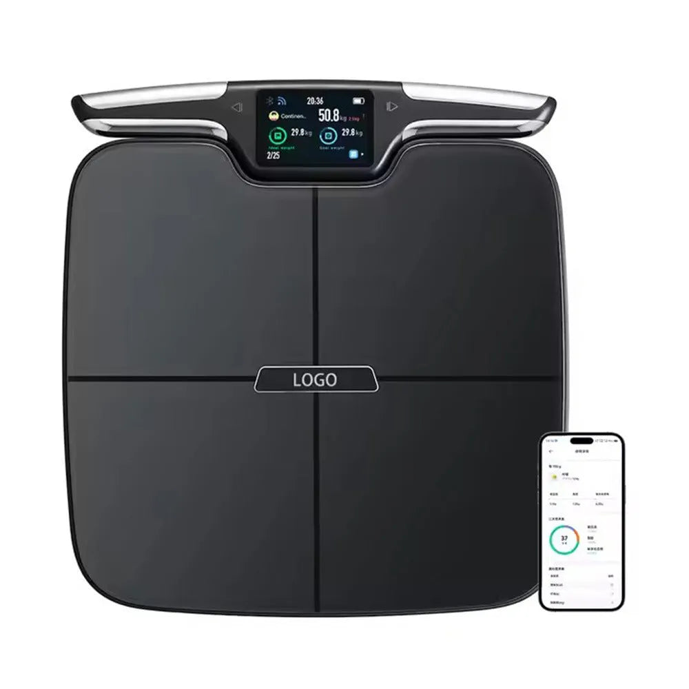 Black eight-electrode body fat intelligent weighing scale on a floor.