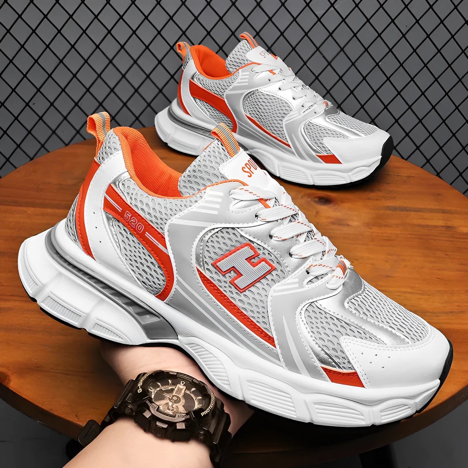 Men's mesh running shoes with plastic sole in three colour options showing round toe design