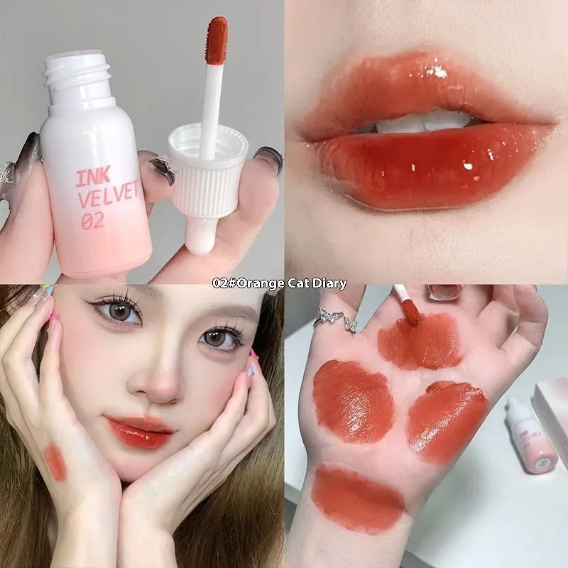 Mirror Lip Lacquer tube showing four shade options including Orange Tabby Cat Diary and Misty Berry