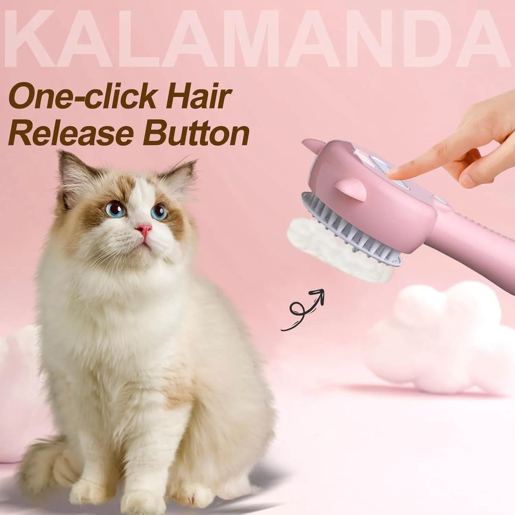 Blue cat steam brush with ergonomic handle and rubber bristles for pet grooming