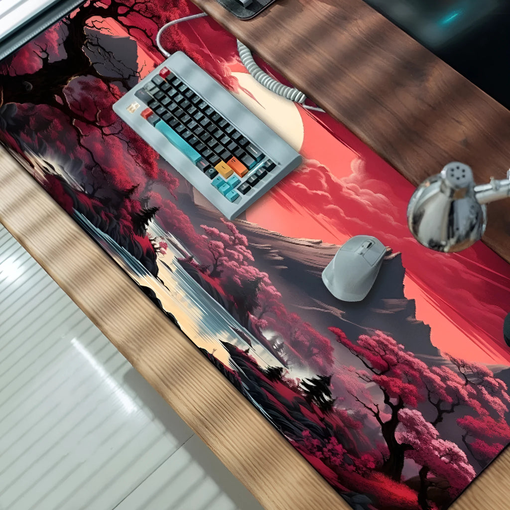 Large customisable anime gaming mouse pad with non-slip rubber base on a desk.