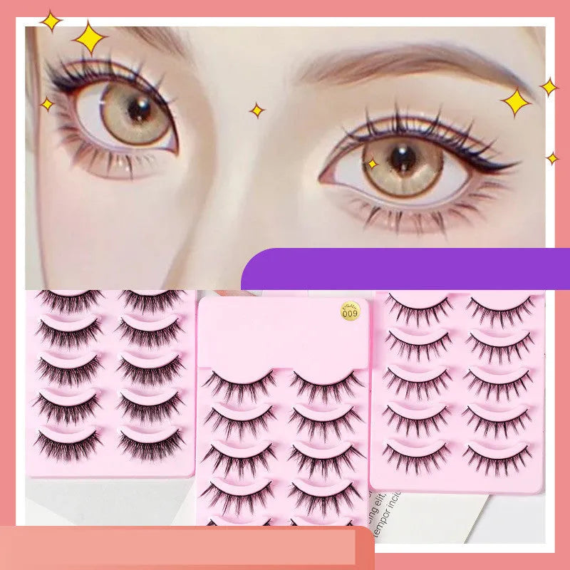 Five pairs of wispy manga-style false eyelashes on a plastic black terrier base for cosplay.