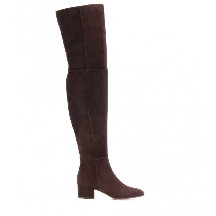 Grey women's flat over-the-knee suede boots with a pointed toe and low thick heel.