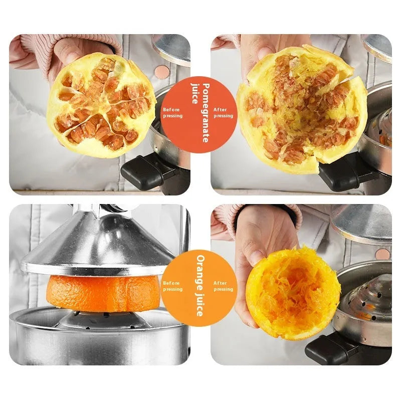 Tall black cast iron manual citrus juicer with stainless steel funnel on a kitchen counter.