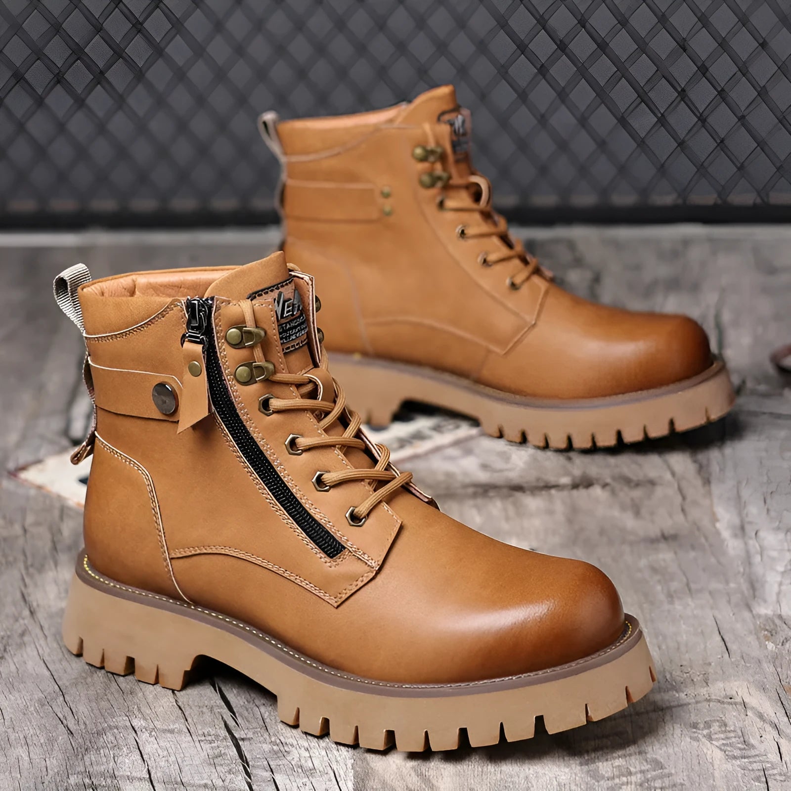 Men's brown high-top leather Martin boots with a side zipper and round toe on a non-slip rubber sole.