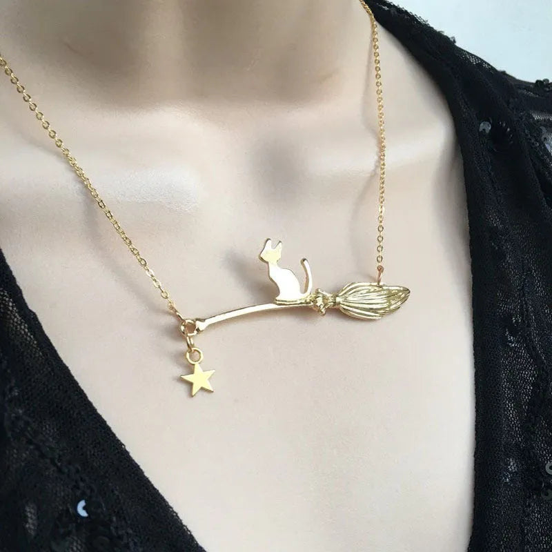 Black cat alloy pendant necklace with totem detailing in gold or silver finish