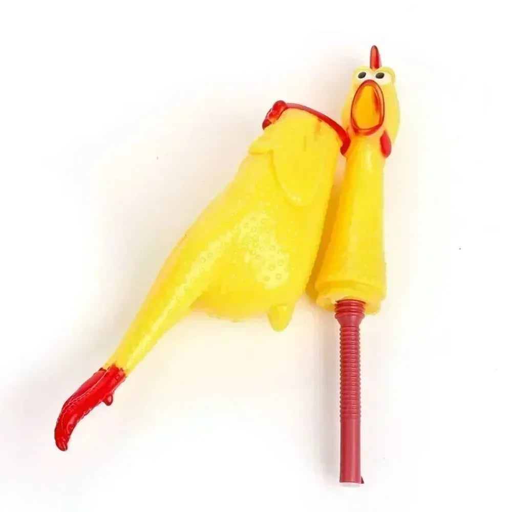 Yellow rubber screaming chicken dog squeak toy shown in three sizes: small, medium, and large
