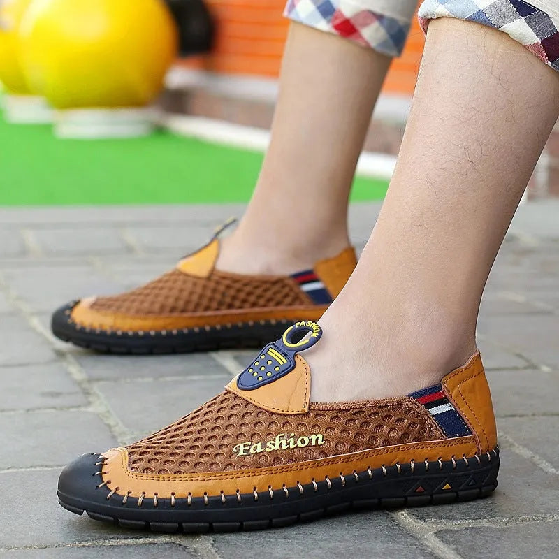 Men's brown mesh casual shoes with round toe and stitching detail