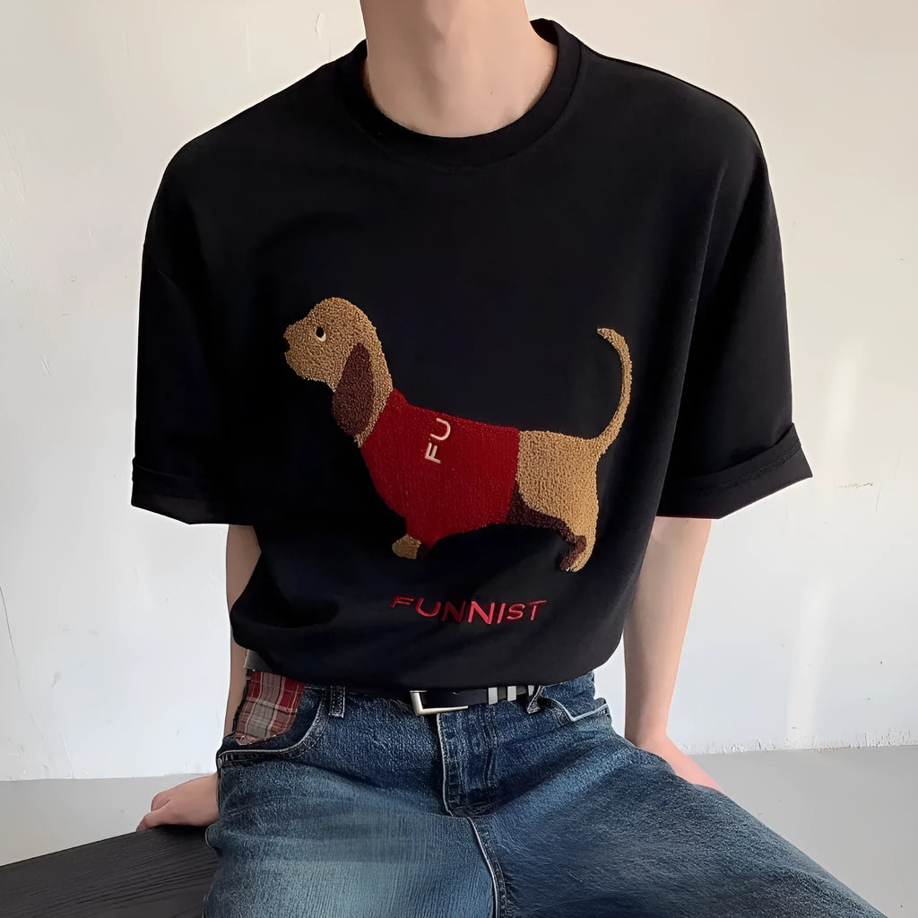 Grey men's t-shirt with an embroidered sausage dog design on the chest