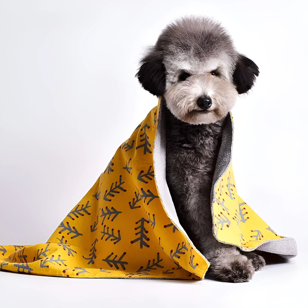 Double-sided cotton velvet pet blanket with dinosaur design shown in yellow colour