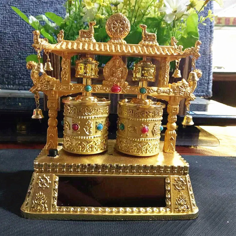 Traditional Chinese style alloy prayer wheel car decoration with license plate model measuring 12x15x8cm