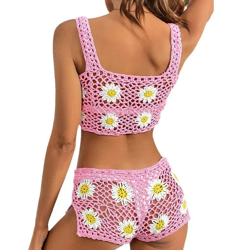 Women's flower pattern vest bikini swimsuit set in light green hollow yarn acrylic fabric