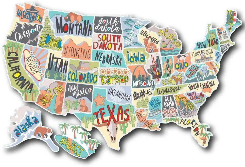 Travel destination car sticker set with map designs and letter styles for vehicle decoration