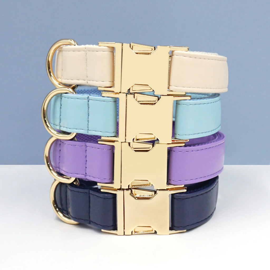 Colour-block leather dog collar with velvet trim shown in caramel colour