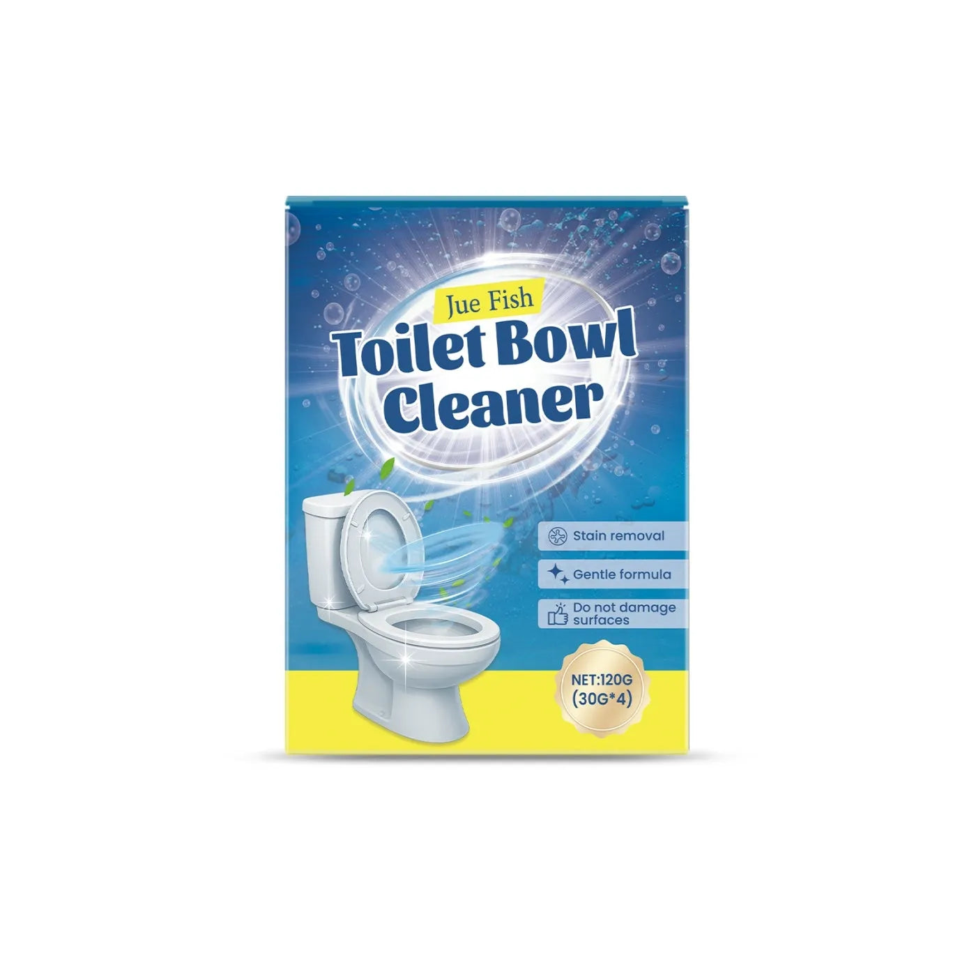 Toilet cleaning powder in 120g pack containing four 30g units for descaling and stain removal