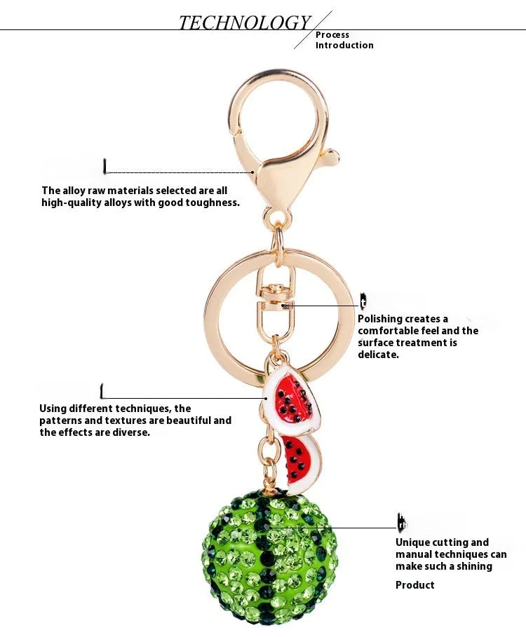Green watermelon slice keychain made from zinc alloy measuring 12cm long