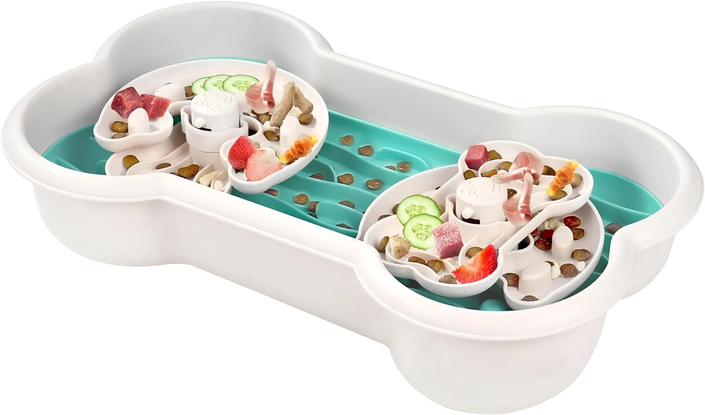 Large green slow feeder dog bowl with puzzle maze design for dry and wet food.