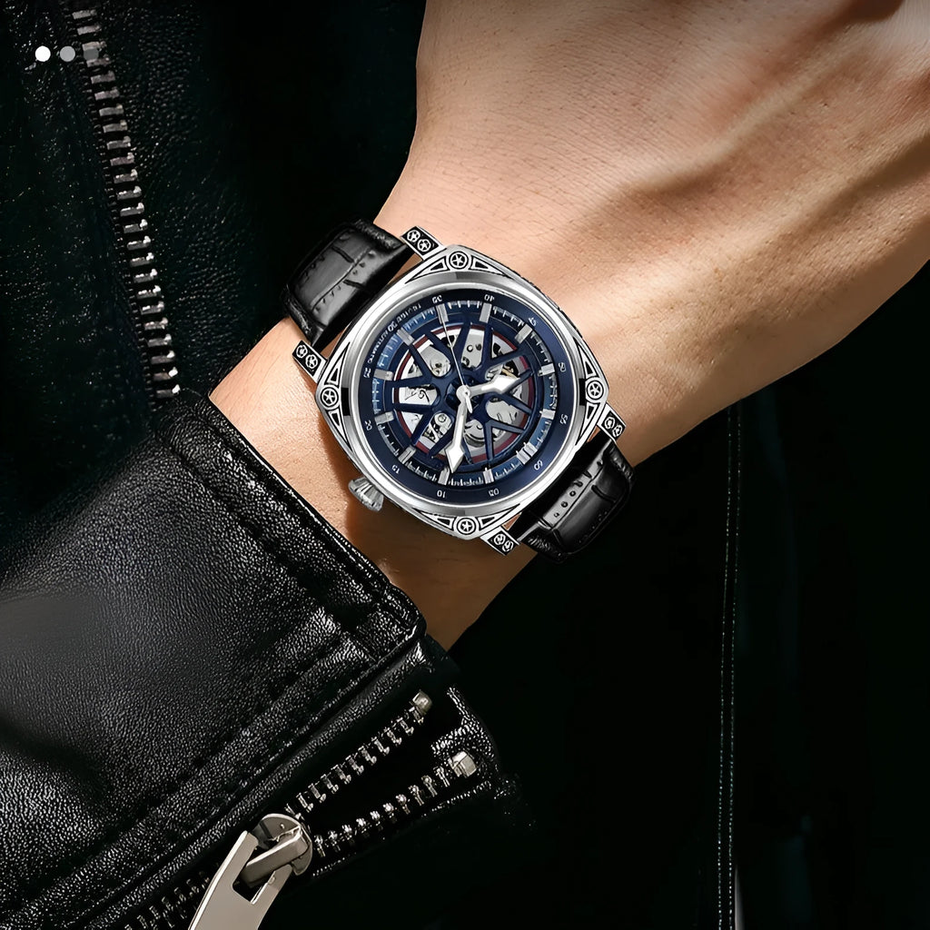 Men's automatic mechanical watch with leather strap in stainless steel case