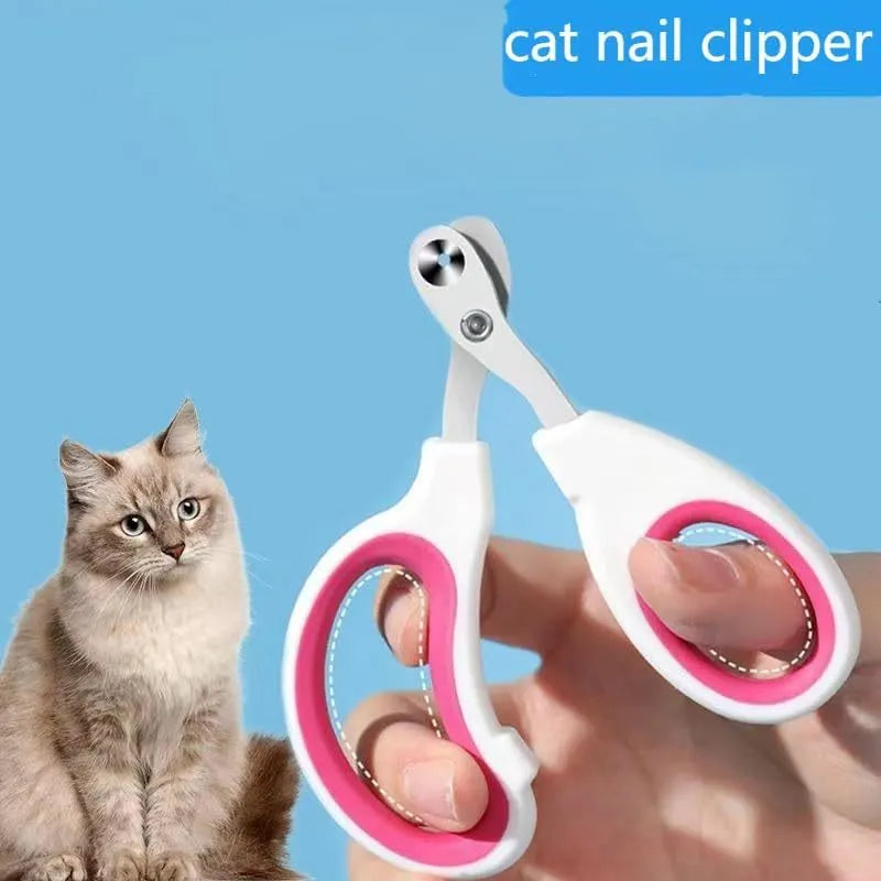 Blue pet nail clippers with a circular safety hole and cushioned non-slip handle.