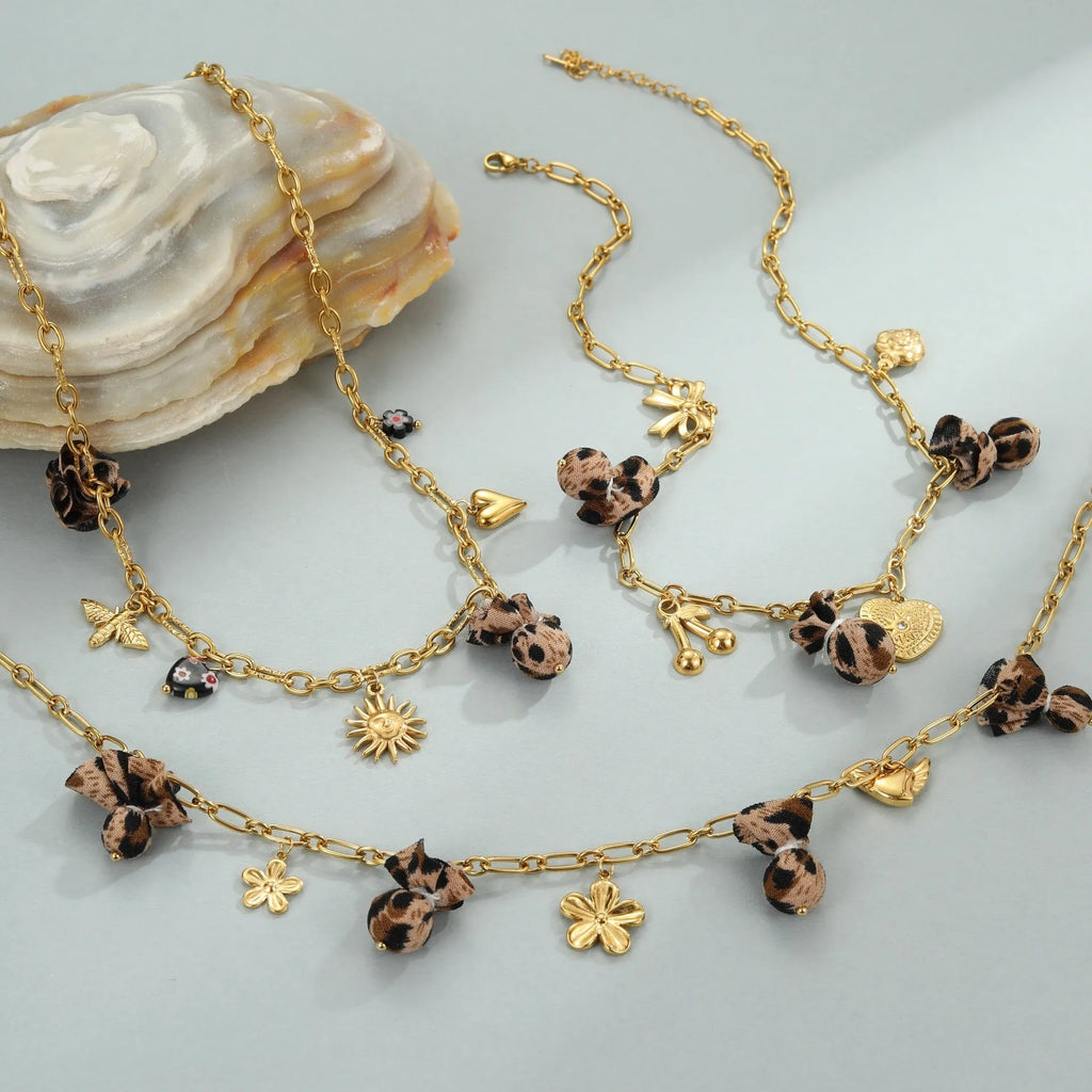 Women's stainless steel necklace with geometric leopard love heart flowers pendant on adjustable chain