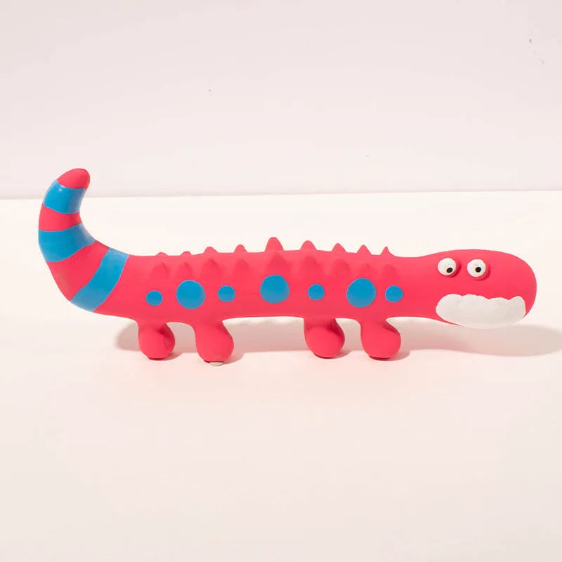 Green cartoon lizard shaped dog chew toy with squeaker measuring 24x10x3cm