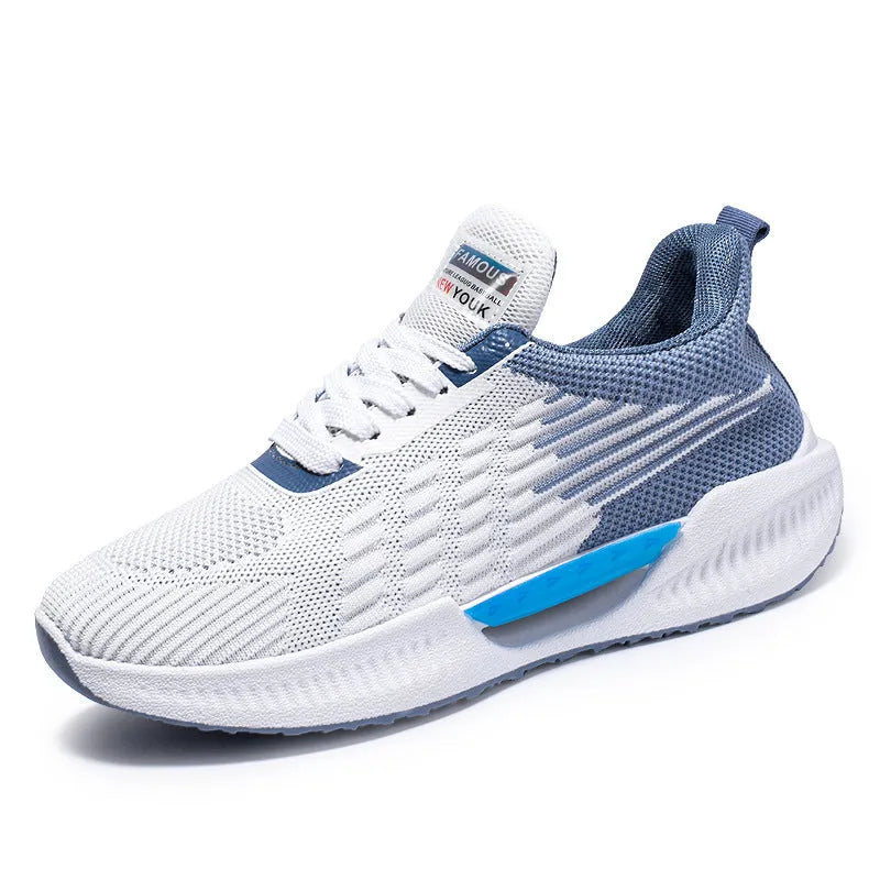 Men's breathable mesh sports shoes with injection moulded sole in blue gray and green colors