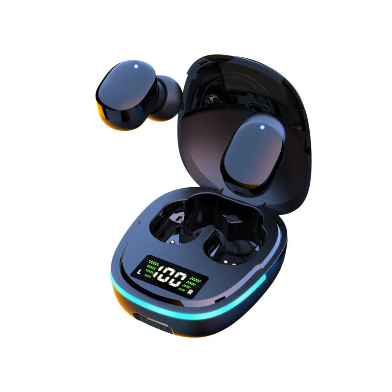 Black true wireless Bluetooth in-ear headphones with charging case and ear caps