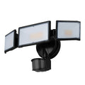 White or black outdoor LED security flood light with motion sensor on wall or ceiling.