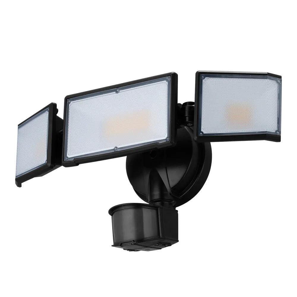 White or black outdoor LED security flood light with motion sensor on wall or ceiling.