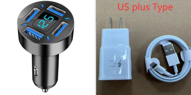 C177 four-port USB car charger with LED digital display, shown plugged into a vehicle power outlet.