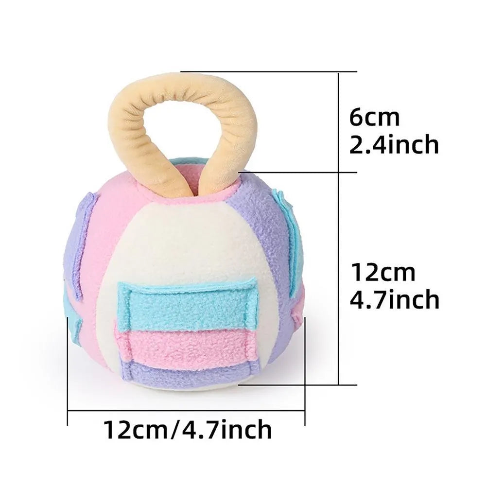 Pink and green polyester squeaky plush ball dog toy with snuffle pockets for treats