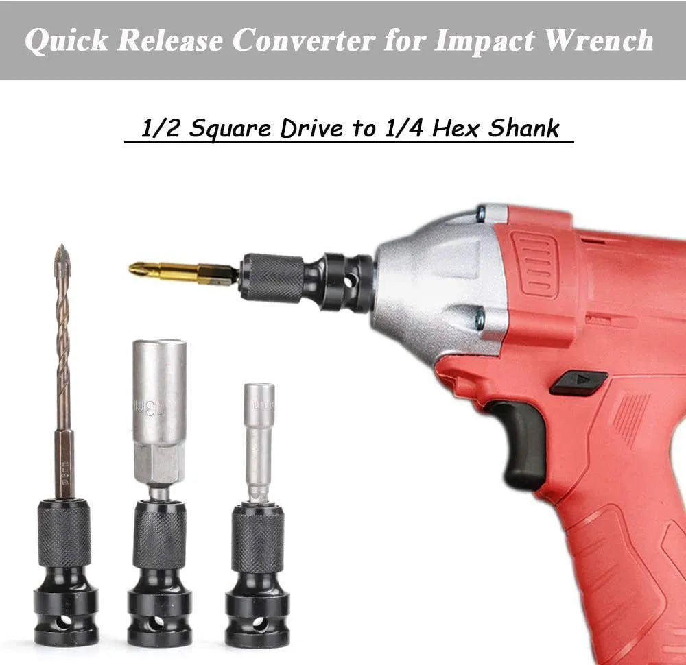 Square turn hexagonal handle telescopic scaling bit holder for electric wrenches converting between 1/4 and 1/2 inch drive sizes.