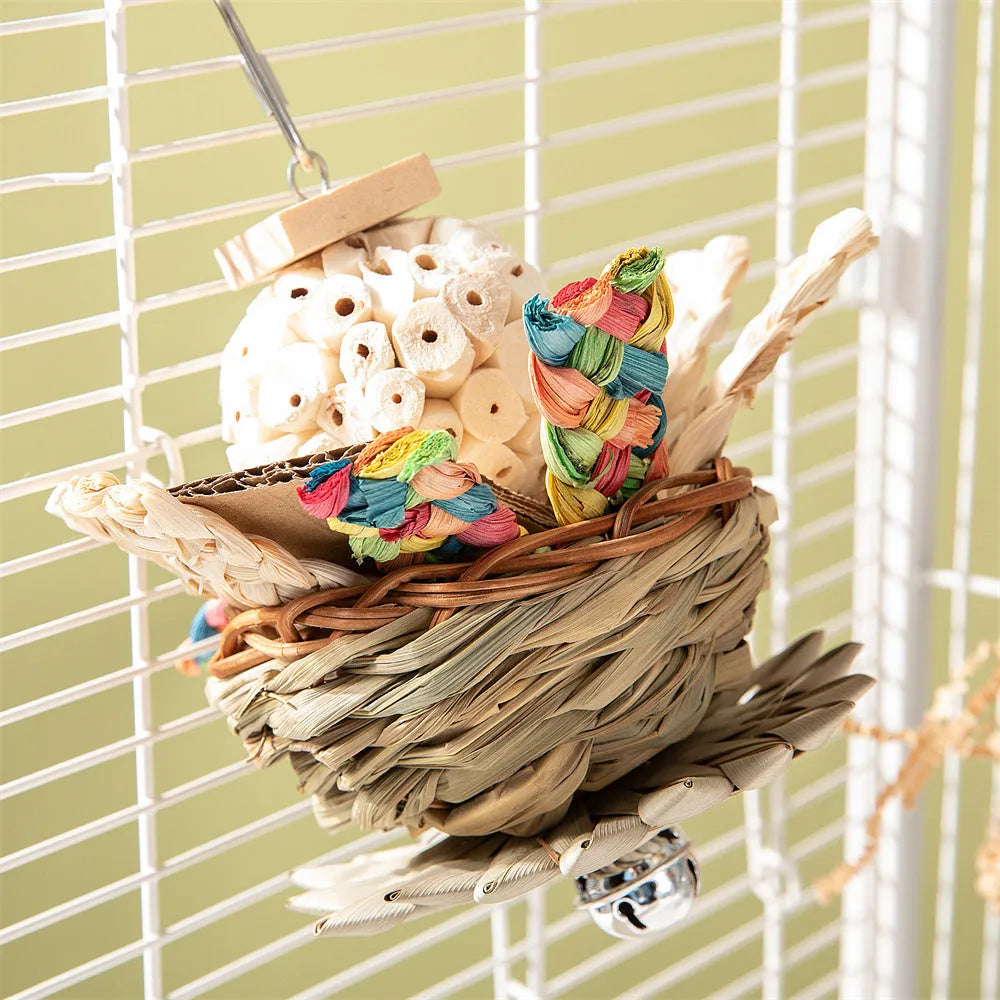 Parrot gnawing toy with coloured wood blocks on rope for small to medium birds