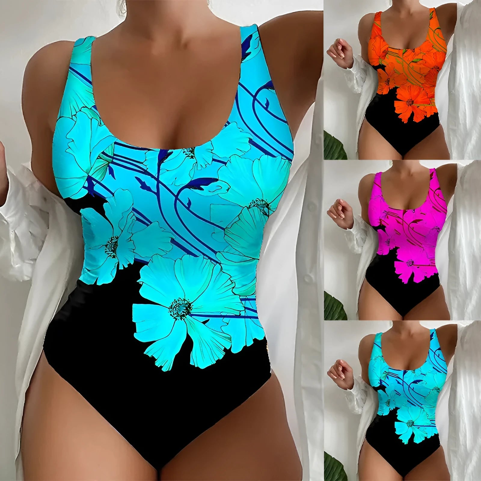 Women's one-piece swimsuit with a 3D printed pattern in orange red, made from Lycra fabric.