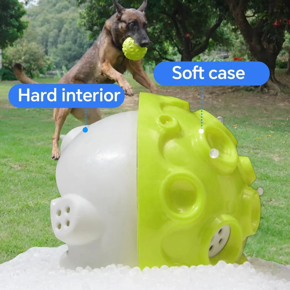 Durable rubber dog ball toy with meteorite-shaped bumps in assorted colours for aggressive chewers