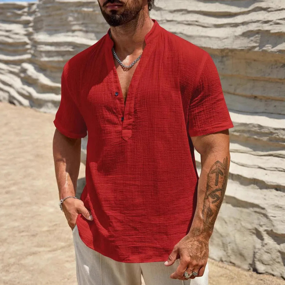 Men's solid colour short-sleeved shirt with stand collar in regular fit