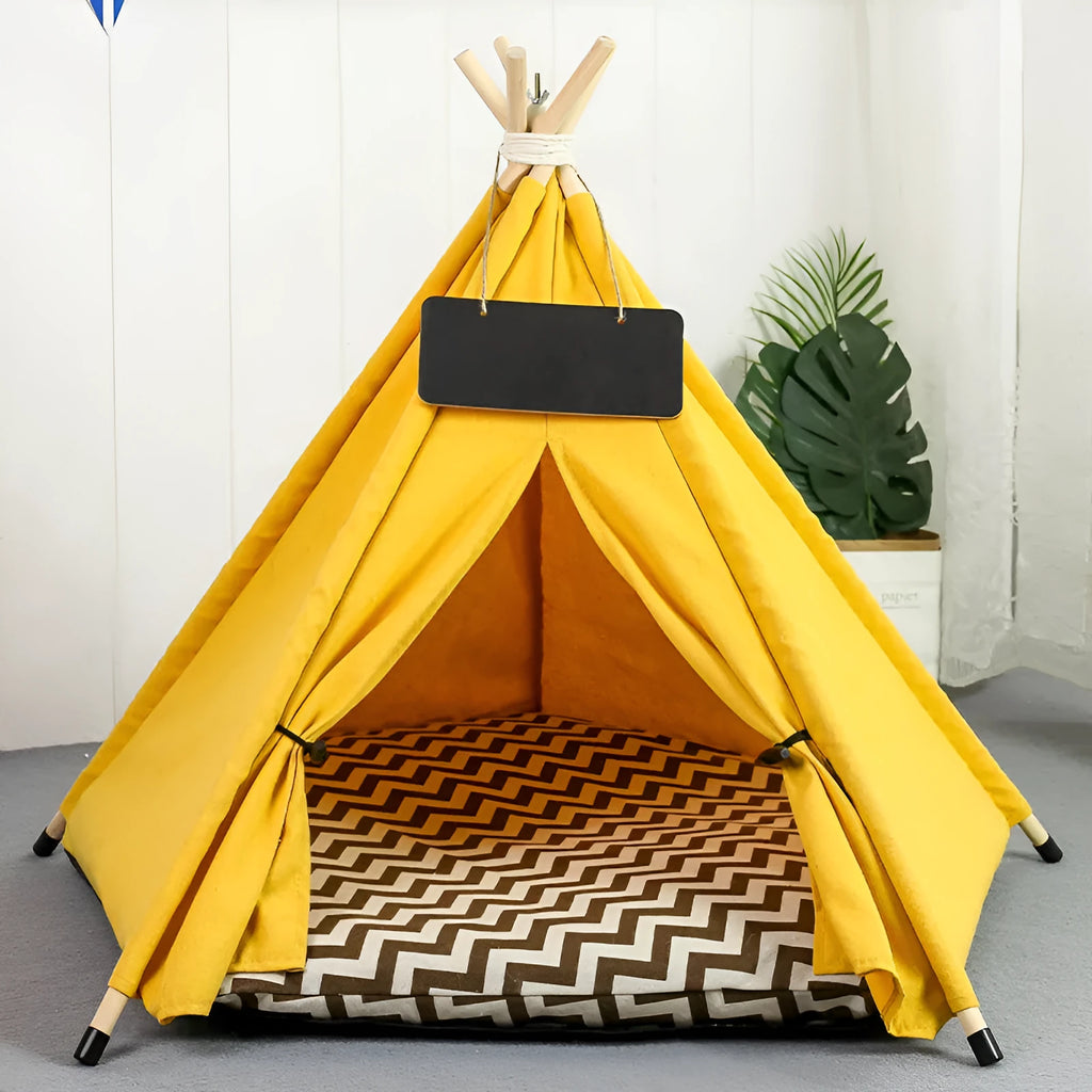 Striped pet teepee tent for small dogs or cats with cushion inside, shown in white colour.