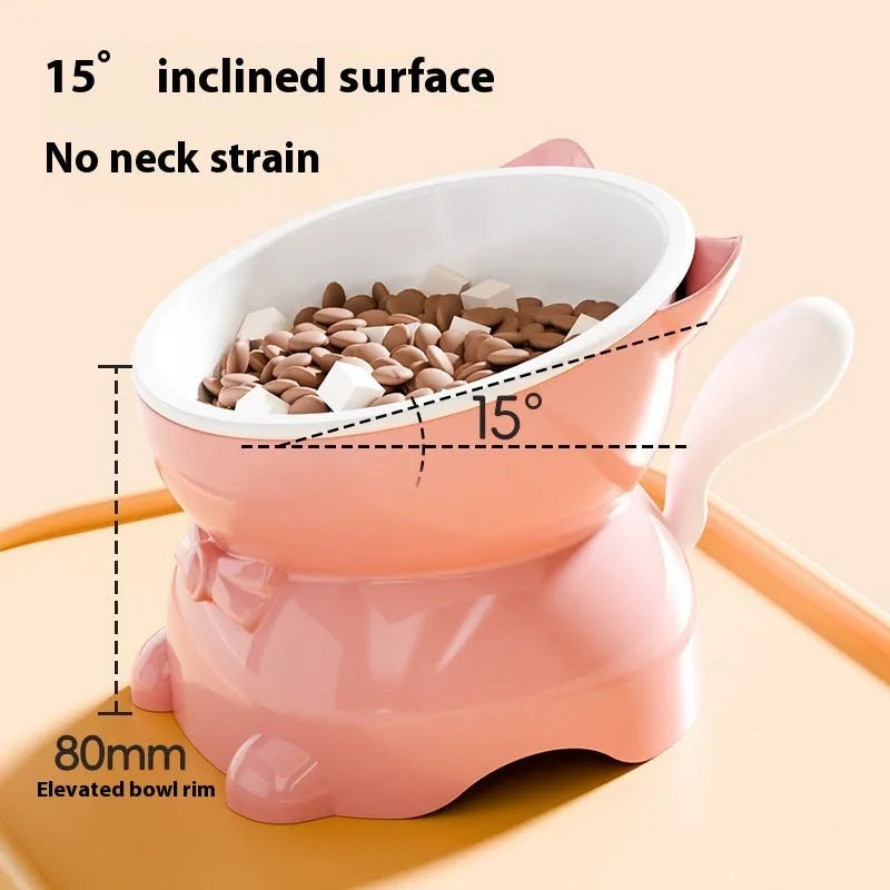 Oblique stainless steel anti-fall cat bowl shown in black, blue, pink, and yellow colours.