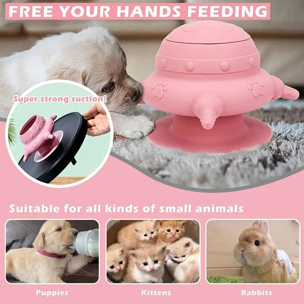Pink pet nursing device with bionic breast-shaped milk bowl and silicone pacifiers