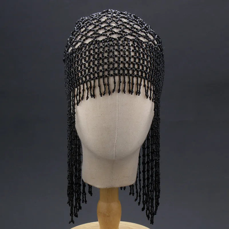 Belly dance hat with alloy tile and beaded tassels in black or silver finish