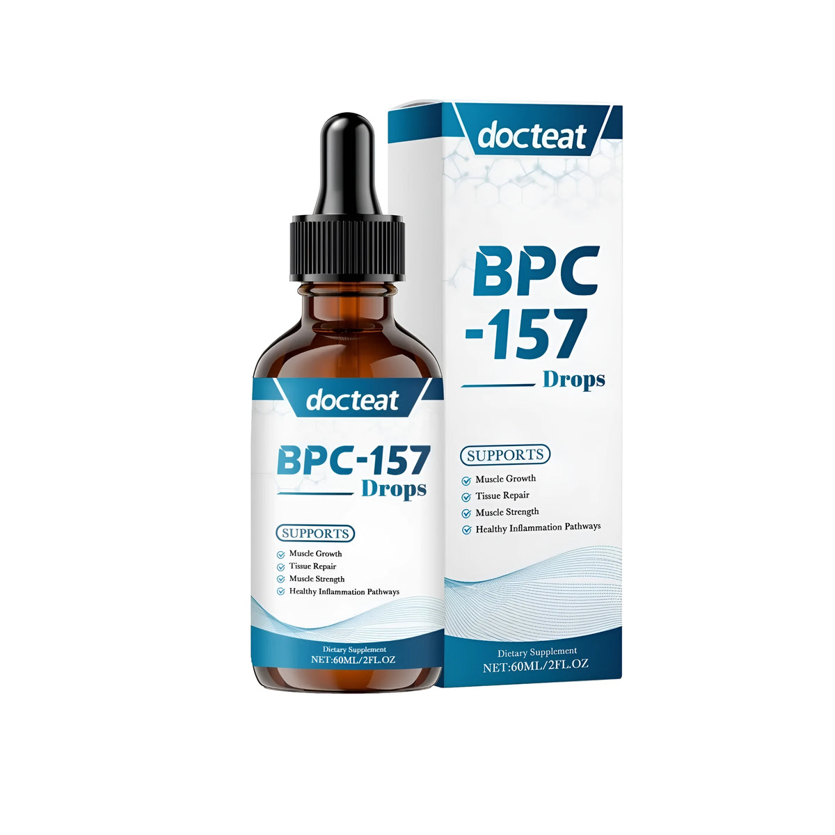 60ml bottle of muscle recovery energy supplement drops with drop dispenser containing herbal extracts and added nutrients