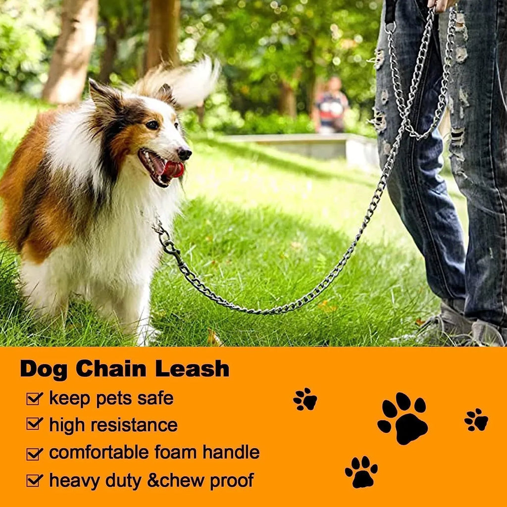 Heavy duty metal dog chain leash with soft black padded handle, shown with a red colour option.