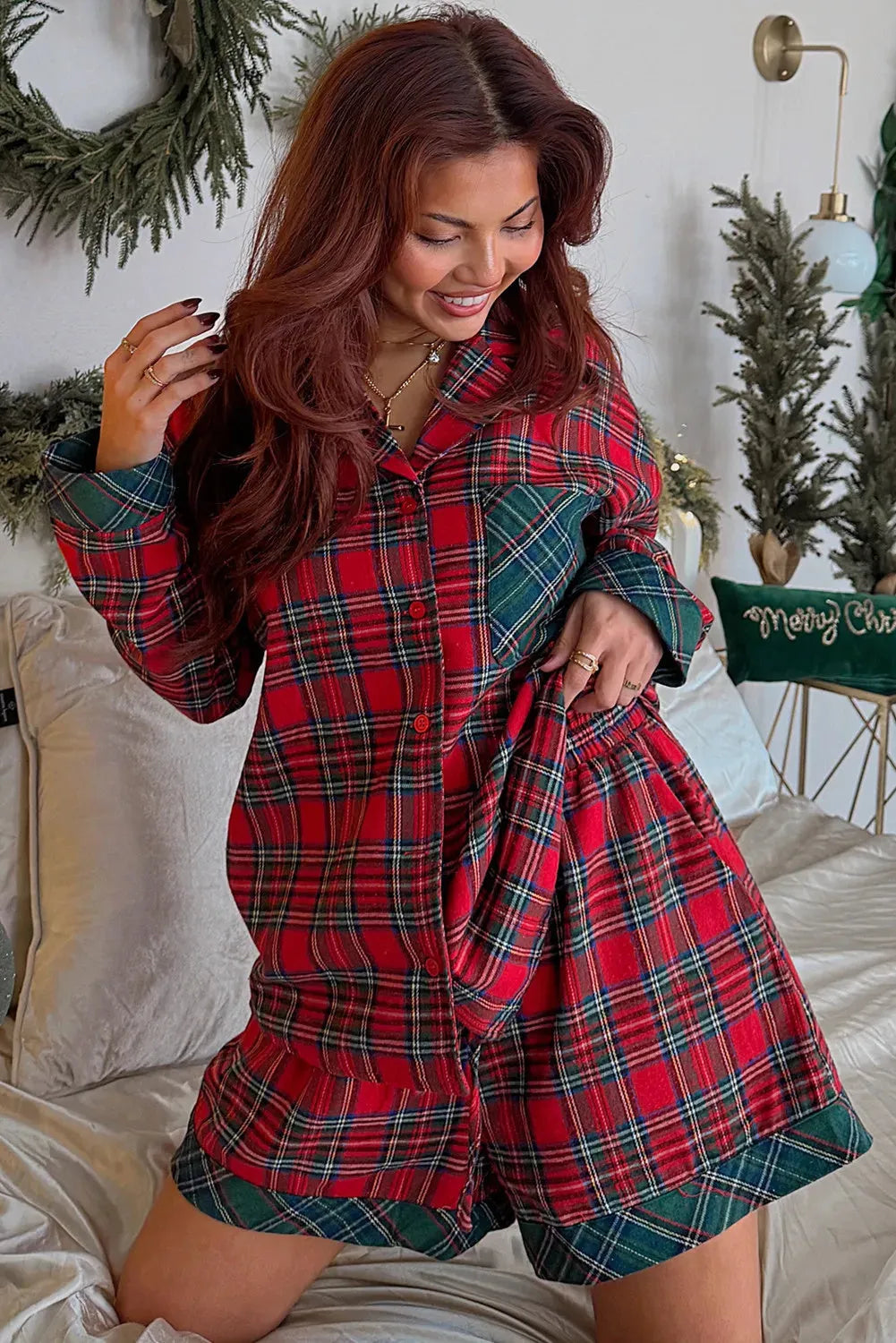 Red plaid Christmas pyjama set with long sleeve shirt and matching shorts