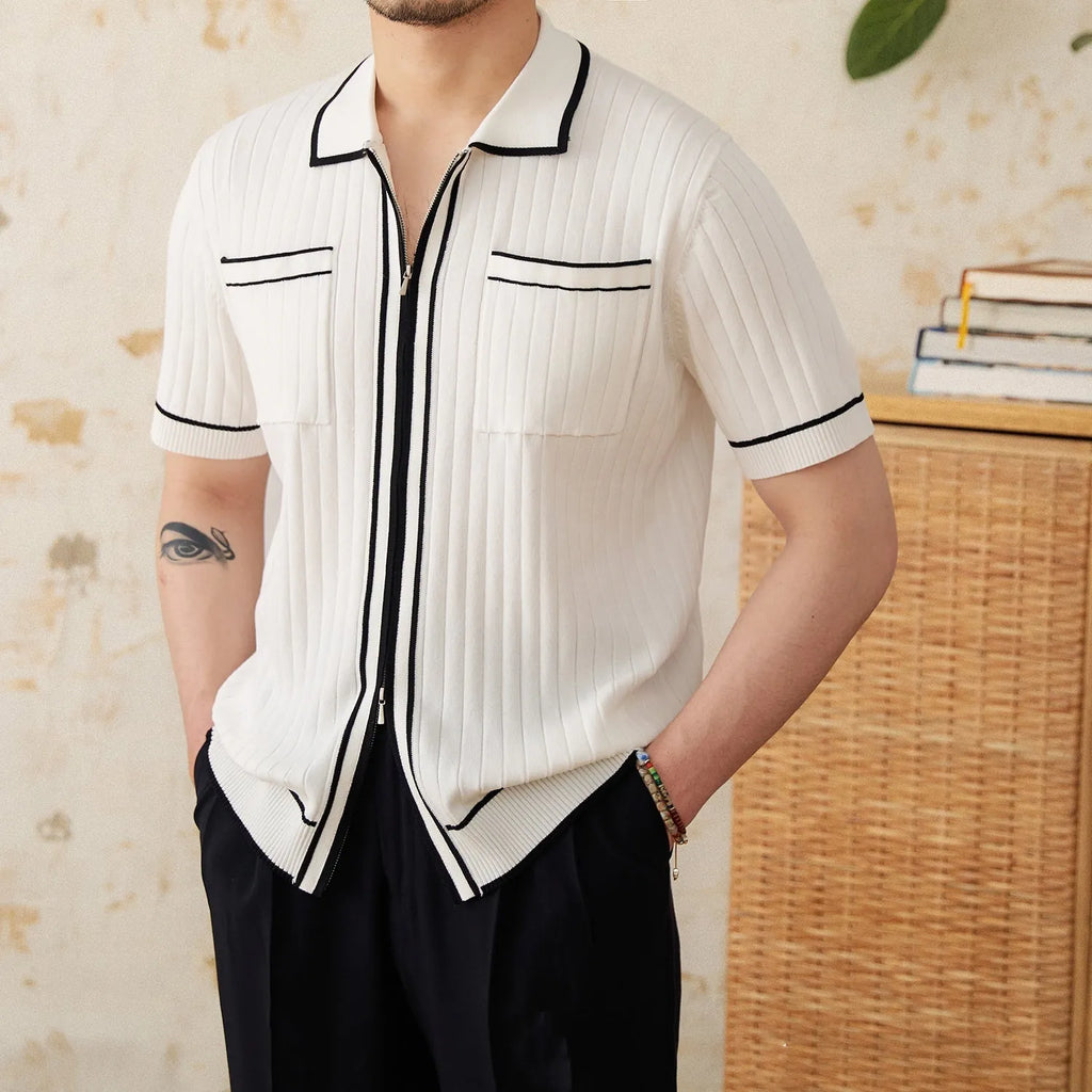 Men's slim fit polo shirt in black with lapel collar and short sleeves