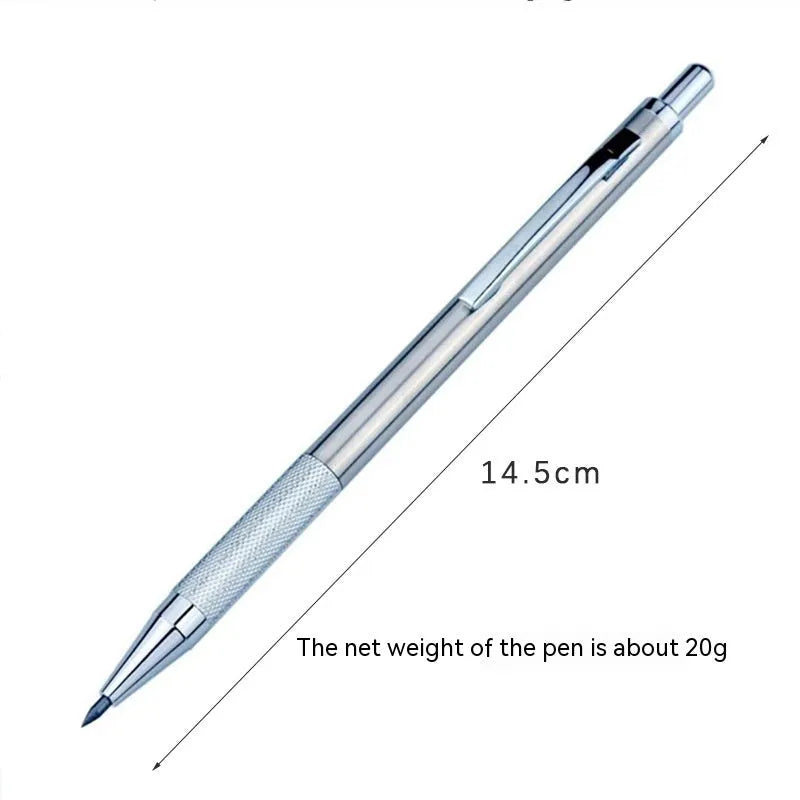 Metal mechanical pencil available in 0.5mm, 0.7mm, and 2.0mm sizes for technical drawing