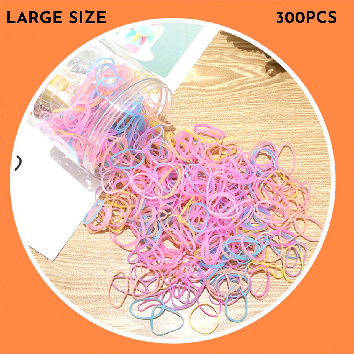 Assortment of colourful small TPU baby hair ties in a reusable plastic container.